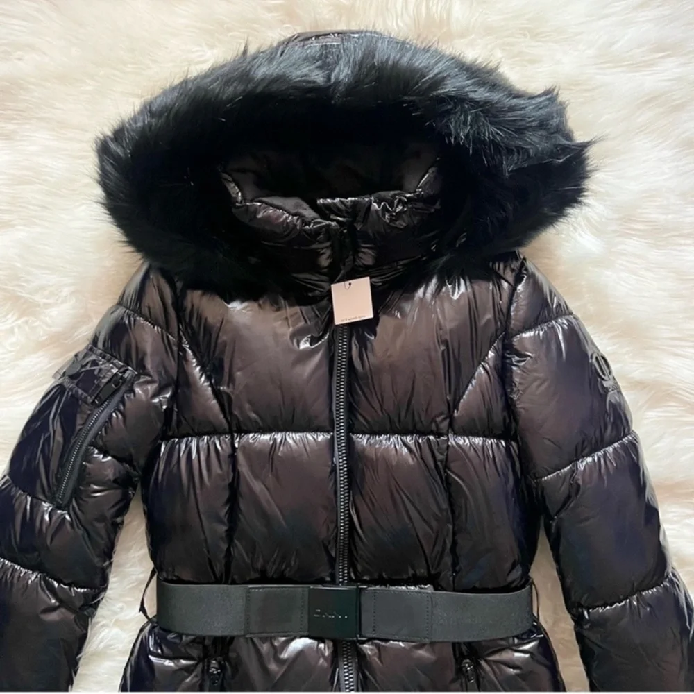 New! DKNY Black Glossy Belted Puffer Coat with Removable Faux Fur Hood - Picture 9 of 16